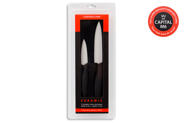 Couteaux du Chef : 1 office 8 cm et 1 cuisine 13 cm – Lames blanches en céramique